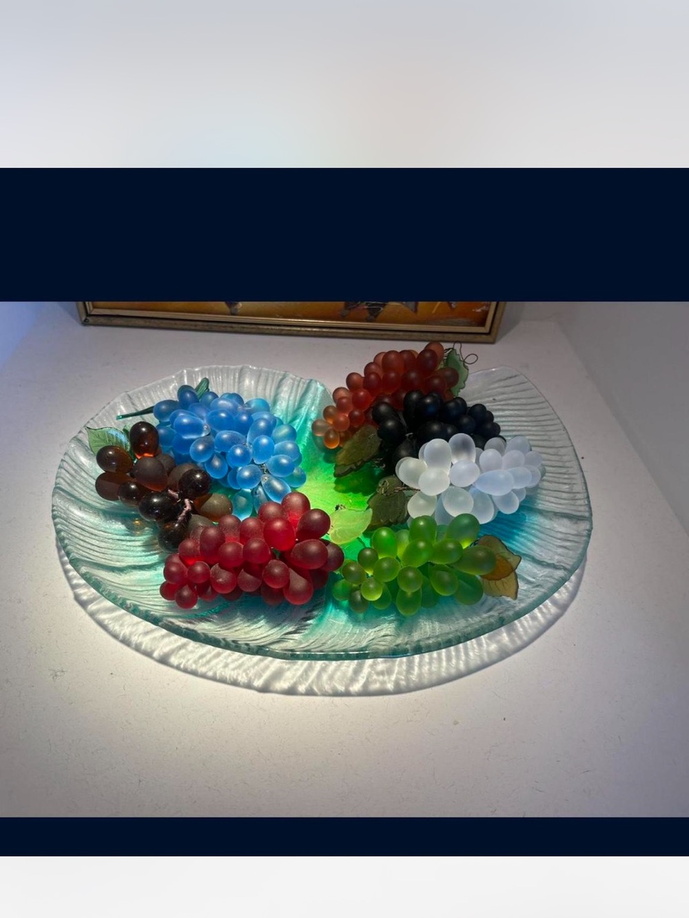 Handmade Glass Grape Cluster Display on Textured Glass Plate - Multicolor